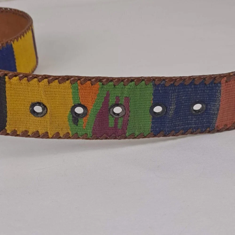 Colorful Cotton and Leather Belt Size Large Colorblock Made in Guatemala